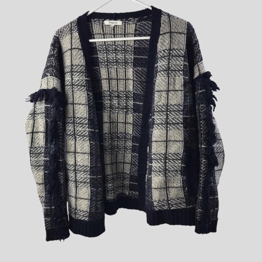 Madewell Cardigan Fringe Plaid Sweater Merino Wool Pockets Long Sleeve Womens S